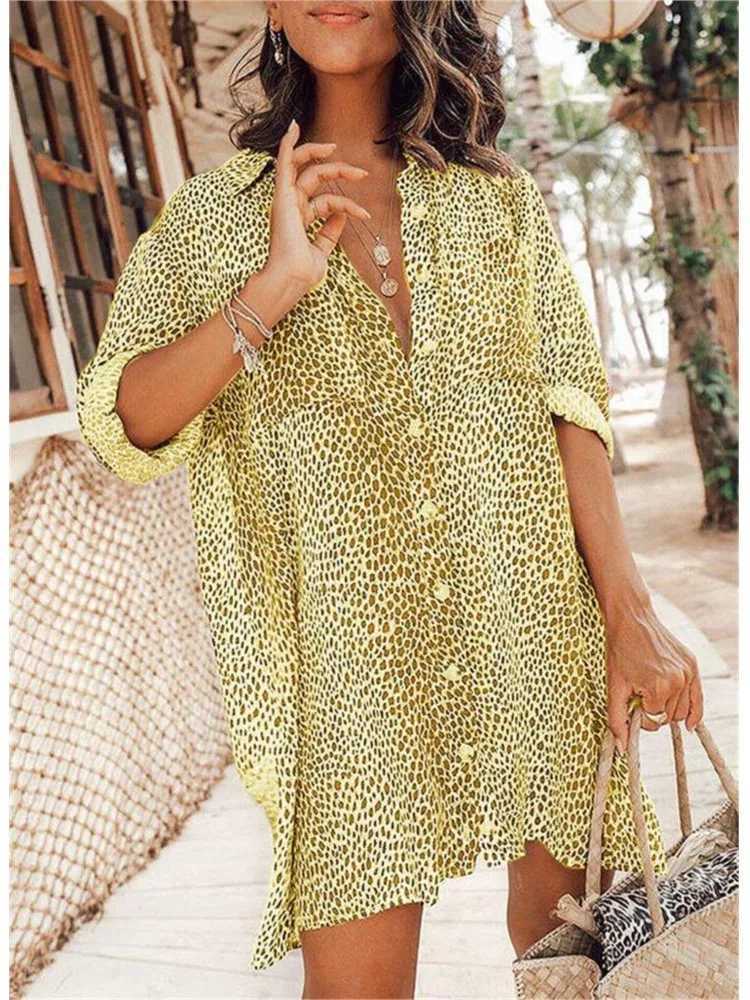 Summer V Neck Leopard Print Casual Long Sve Dress Retro Button Shirt Ele Office 2024 Vacation A Line SkirtXJ2500207
