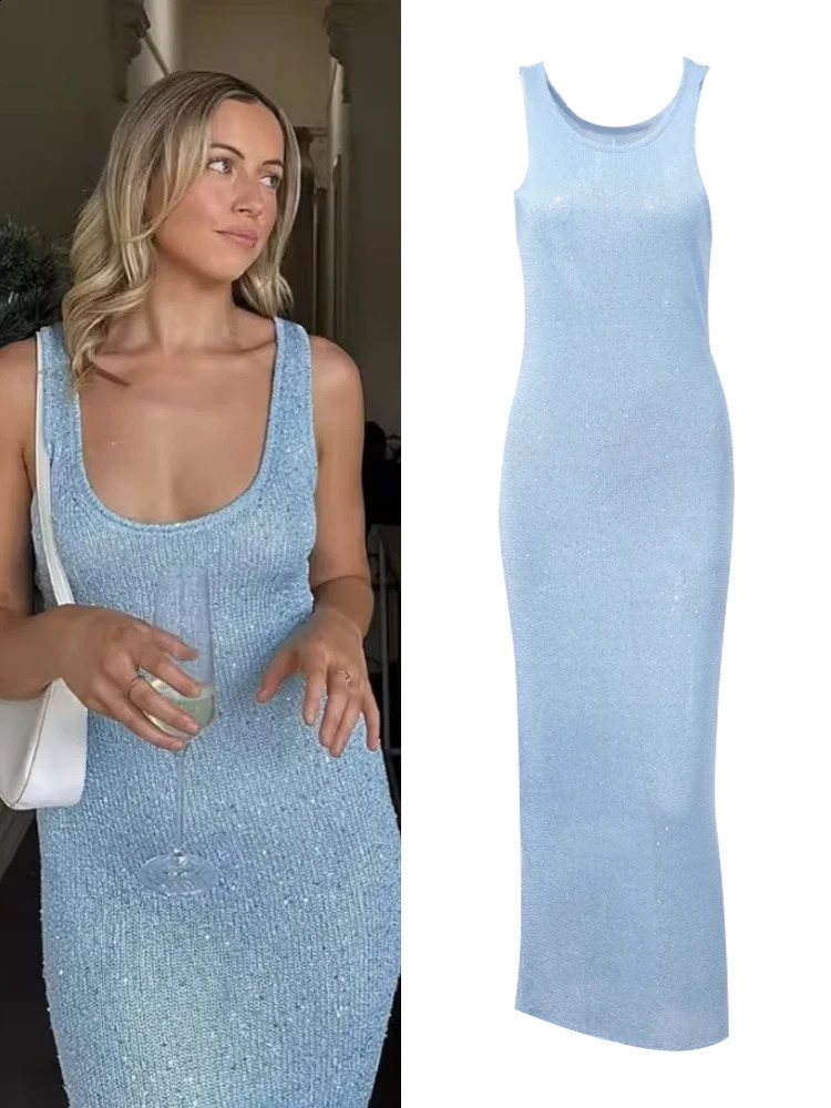Sequin Slim Scoop Neck Maxi Dress Women Glitter See-Through Sleeveless Sexy Patchwork Summer Bodycon Long Dresses Female Party 250206