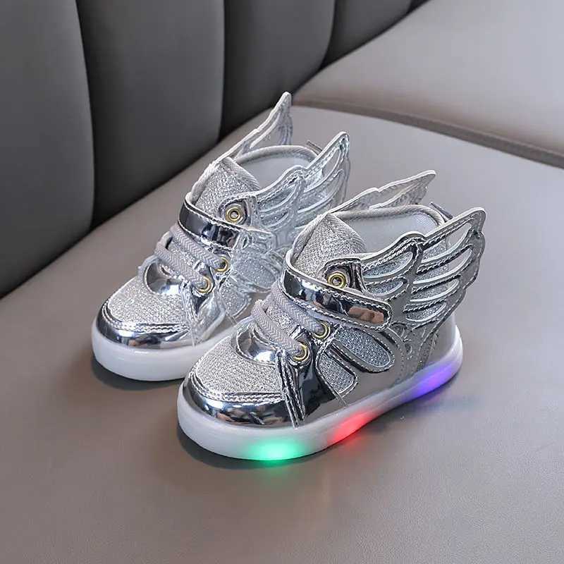 Childrens shoes with wings LED luminous sports shoes baby girls childrens shoes fashionable lighting flat skateboard shoes childrens casual shoes W250