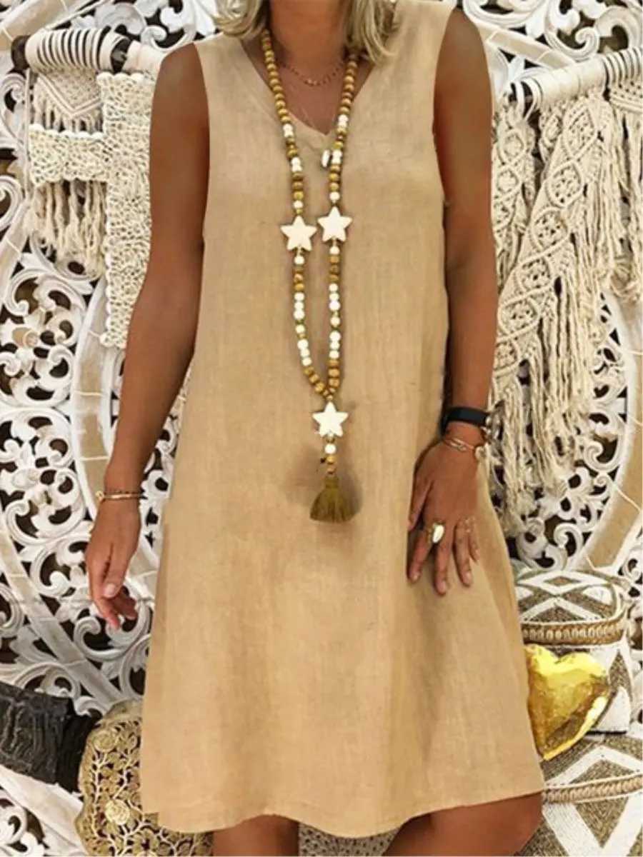 Summer Womens Fashionable Yellow V-neck Sveless Vest Vestidos 2024 Womens Casual Cotton Linen Patchwork Loose Mini DressXJ2500207