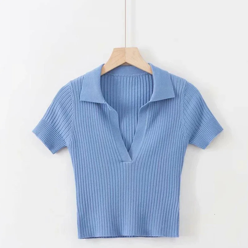 Short Sleeve Collared Crop Top for Women Turn-down Collared Fitted Rib-Knit Tee Shirt Summer Teen Y2K Outfit 250207