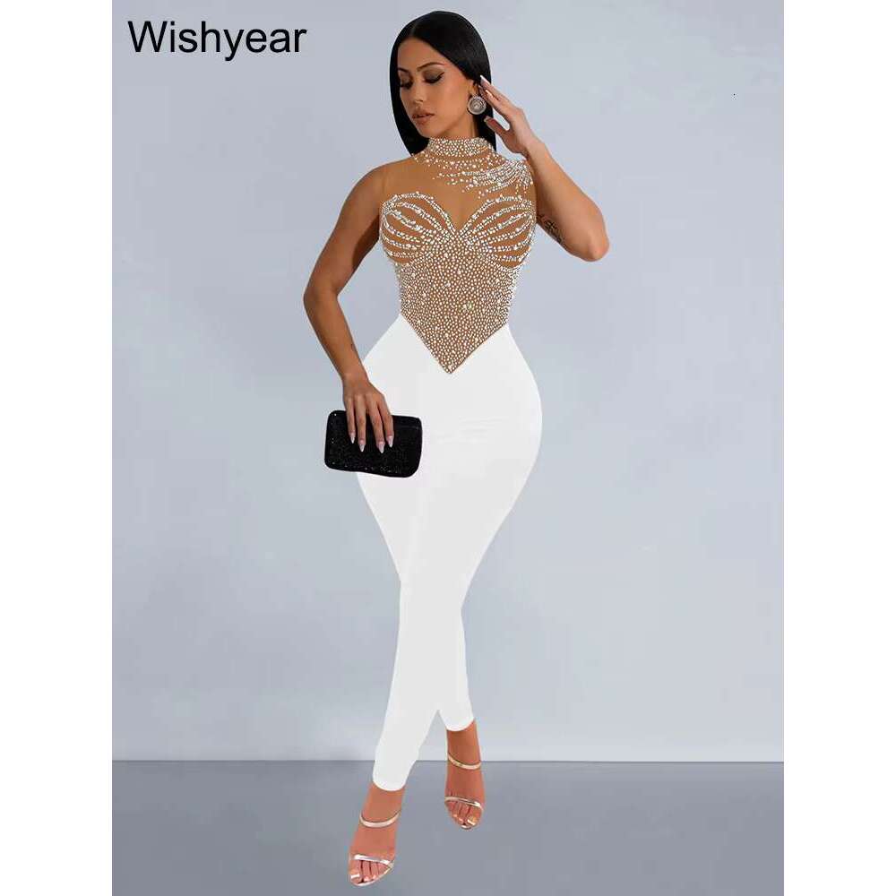 year Sparkle Pearls Rhies Patchwork Long Pants Jumpsuits Women's Sleeveless Night Out Rompers Birthday Evening Outfits