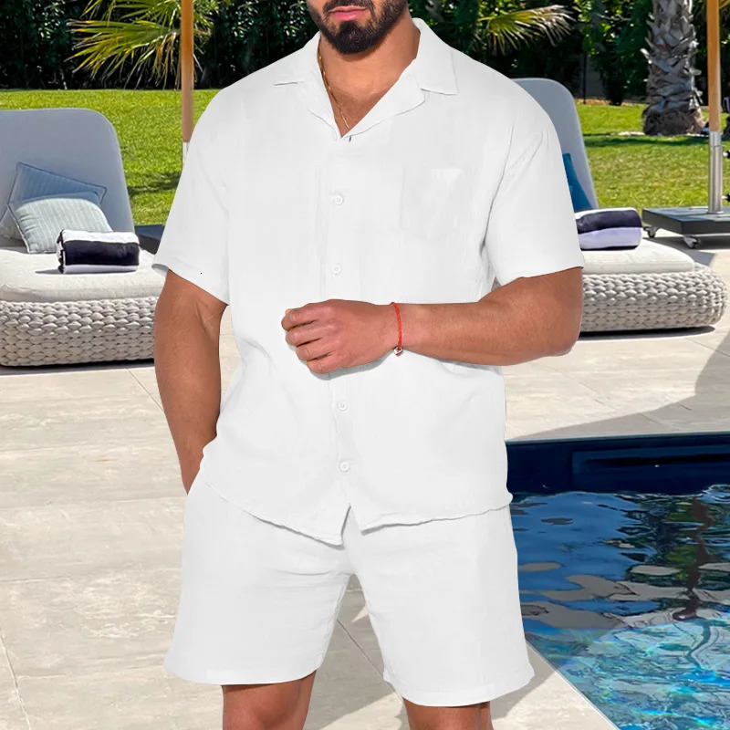 2024 Spot European and American Summer Sports Mens Short Sleeved Shorts Set Loose Casual Shirt 250207