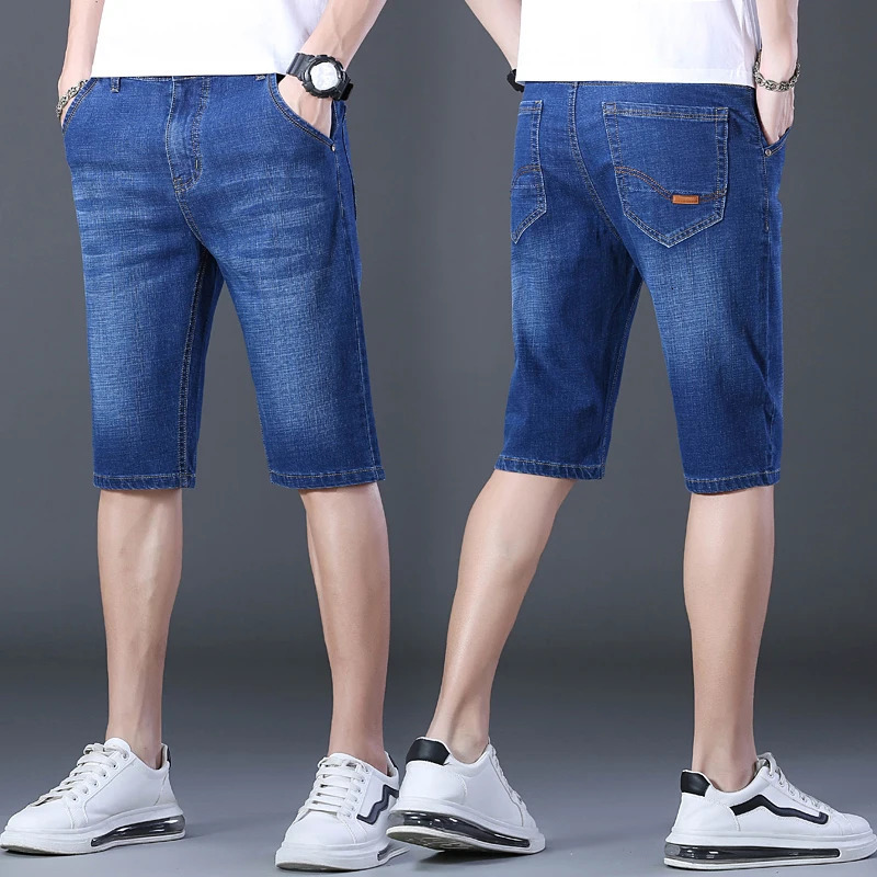 2024 Mens Casual Knee Length Denim Shorts Elastic Straight Cotton Street Jeans Fashion Solid Color 250207