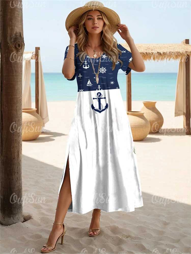 New Vacation Womens Dresses Anchor Print Ele Midi Dresses Feamle Short Sve Dress Fashion Oversized Clothes Summer 2024XJ2500207