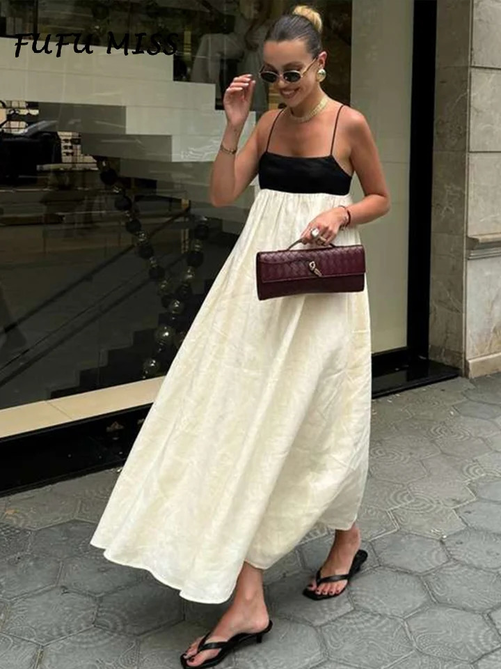 Elegant Contrast Loose Sling Long Dresses Women Square Collar Sleeveless Backless High Waist Dress 2024 Summer Sexy Lady Robe 250207