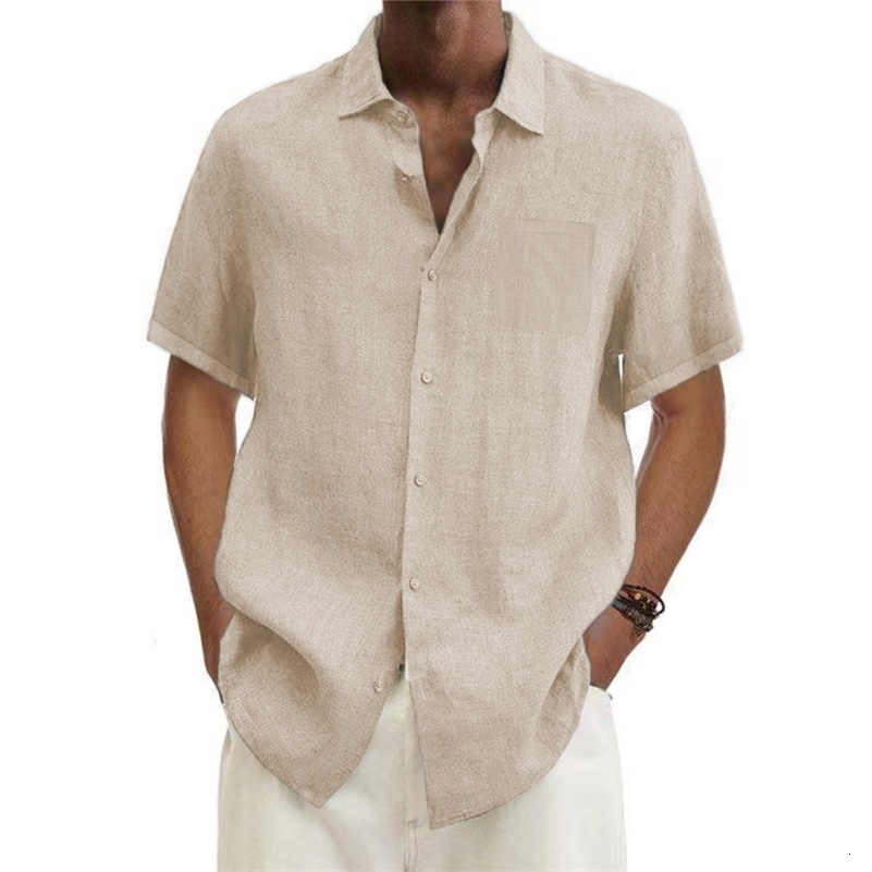 men Cotton Linen Mens Short-Sleeved Shirts Summer Solid Color Turn-down collar Casual Beach Style Plus Size tops 250206