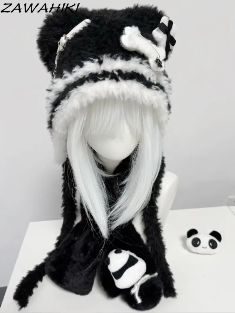 Japanese Knit Hat for Women Chains Belt Fur Hats Contrast Color Keep Warm Caps Female Fashion Cute Gorras Invierno Mujer 250120