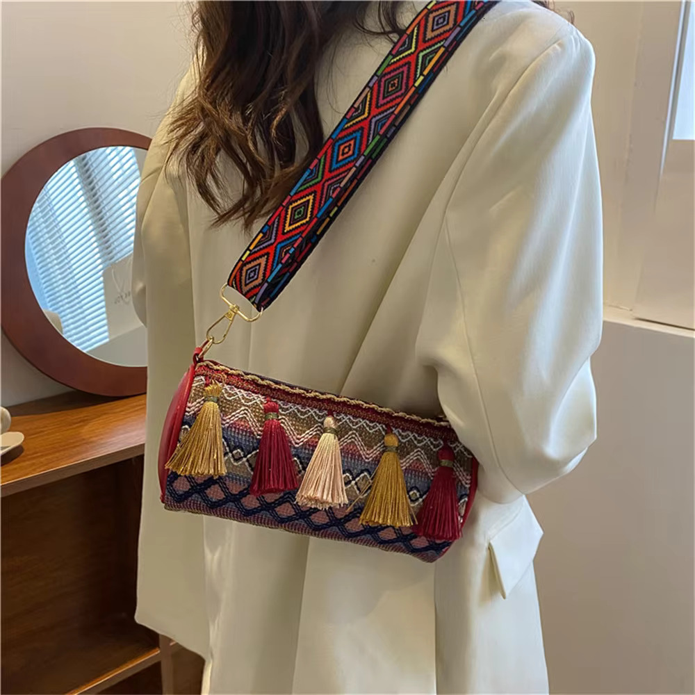 New Women Tassel Crossbody Fashion Bohemian Ethnic Style Color Embroidery E Cyder Girls Satchel Shoulder Bag Polyester Casual