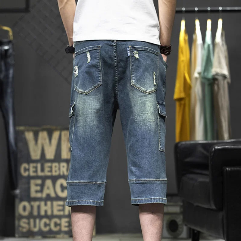 Cargo Man Denim Shorts Knee Length Half Long Bermuda Short Jeans Pants for Men with Pockets Blue Jorts Thin Streetwear Xl 250207