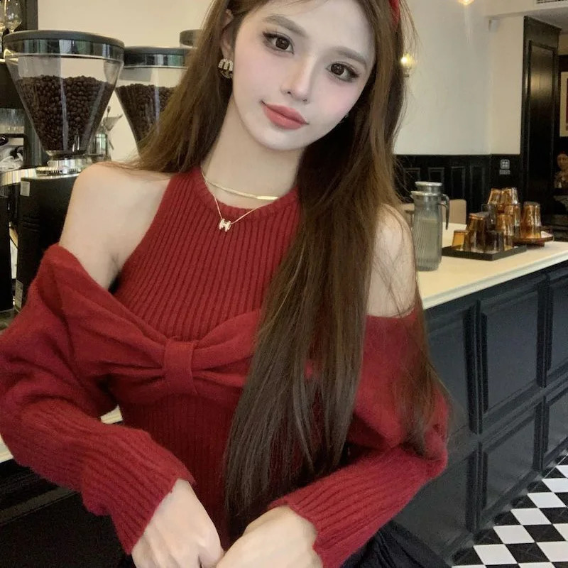 Sexy Off Shoulder Sweater Women Christmas Elegant Manners Bow Solid Two Piece Knit Jumpers Chic Vest Office Lady Tops 250121