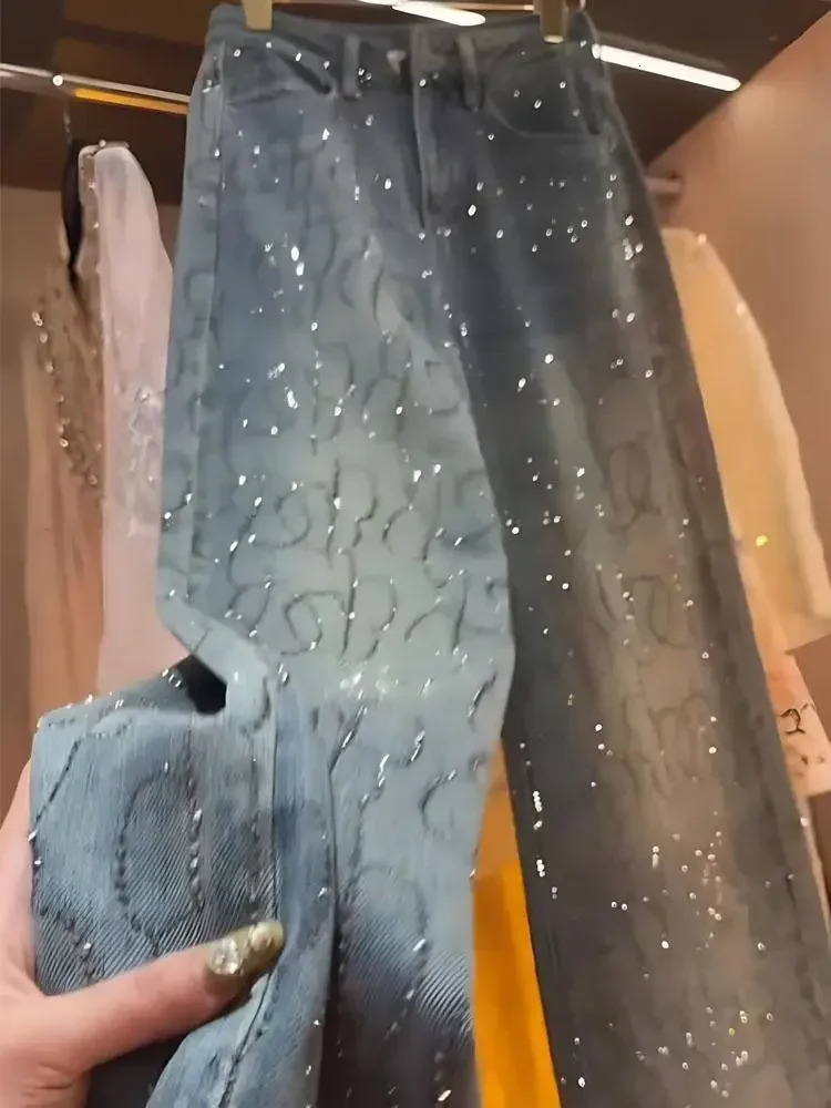 Women Diamond Jeans Shiny High Waist Loose Wide Leg Denim Pants Blue Rhinestone Mopping Pants Streetwear Fashion Trousers 250122