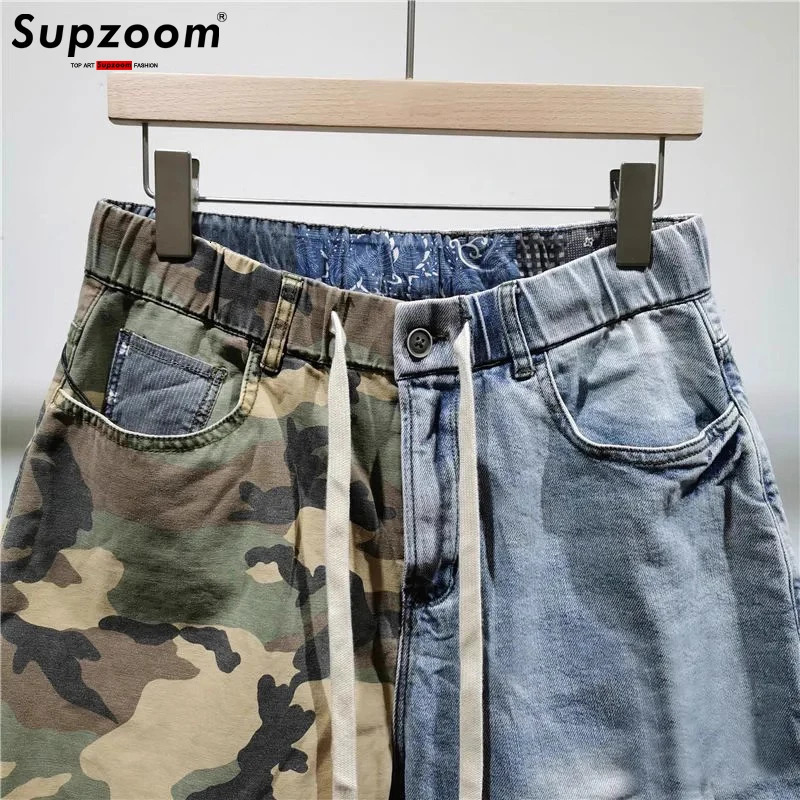 Supzoom 2023 Arrival Ulzzang Summer Pattern Length Zipper Fly Stoashed Camouflage Patchwork Jeans Shorts Men 250207
