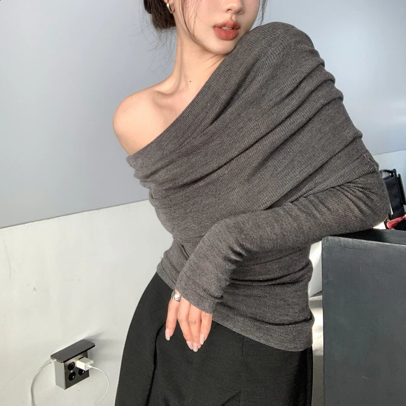 Elegant Fashion Off Shoulder Women Blouse Pile Collar Knitted Shirt Ladies Office Casual Undershirt Gray Tops Mujer Blusas 250107