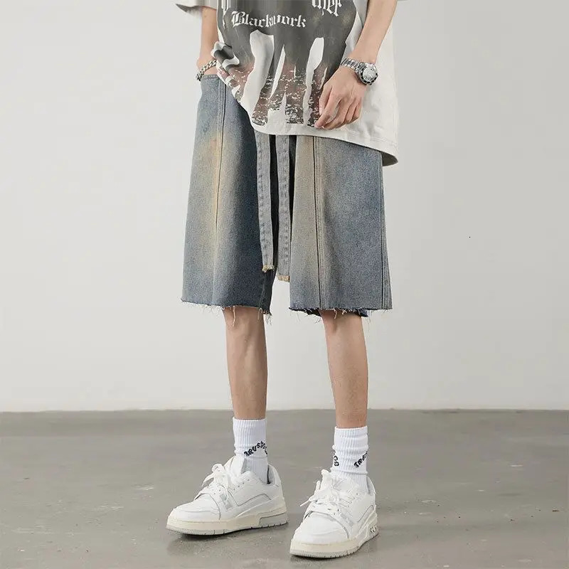 Summer Men Distress Vintage Cargo Denim Shorts Harajuku Streetwear Fashion Straight Baggy Casual Knee Length Short Jeans 250207