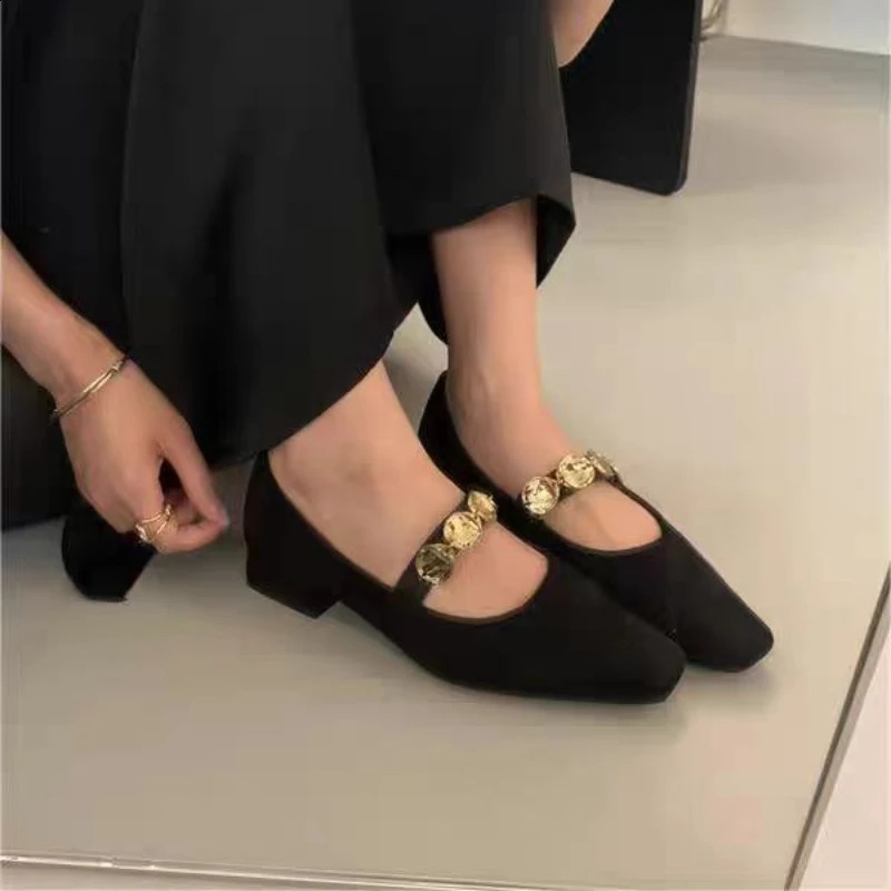 Retro Women Shoes Metal Heels Shallow Mouth ed Pumps 2024 Mary Jane Sandals Ladies Metalic Fashion Latest Low Velvet Spring 250206