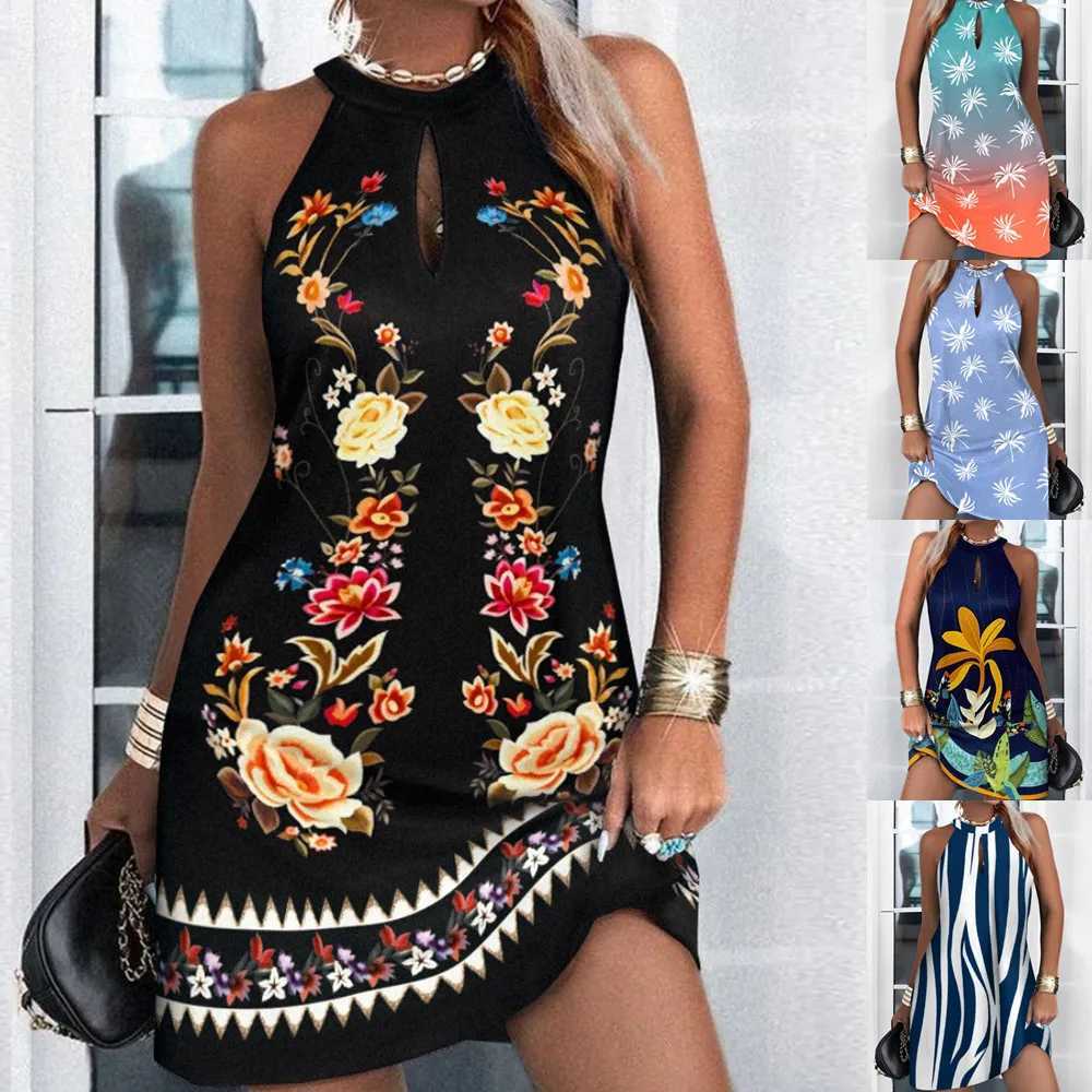 Women Halter Floral Print Mini Loose Dress Summer Fe Sveless Halter Beachwear Sundress SZE-ST23013XJ2500207