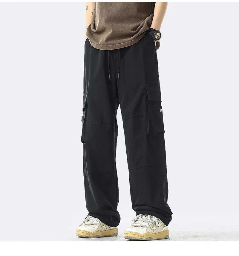 Port Wind Spring and autumn style mens cargo pants zipper big pocket casual baggy straight-leg trousers fashionable man 250206