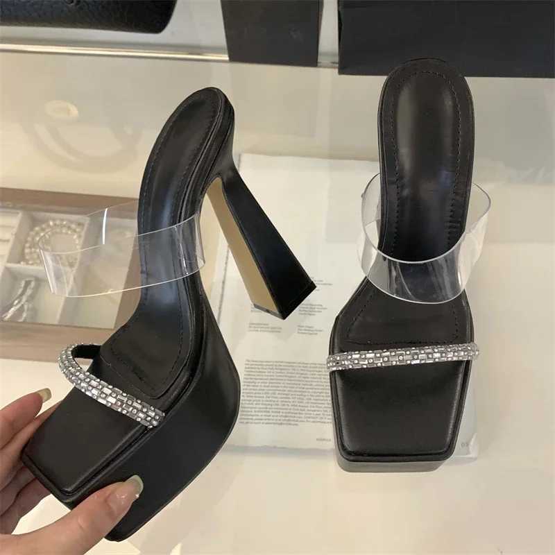 Eilyken Summer PVC Transparent Square Toe Platform Woman Slippers Fi Crystal Thick High Heels Slides ShoesXJ250207