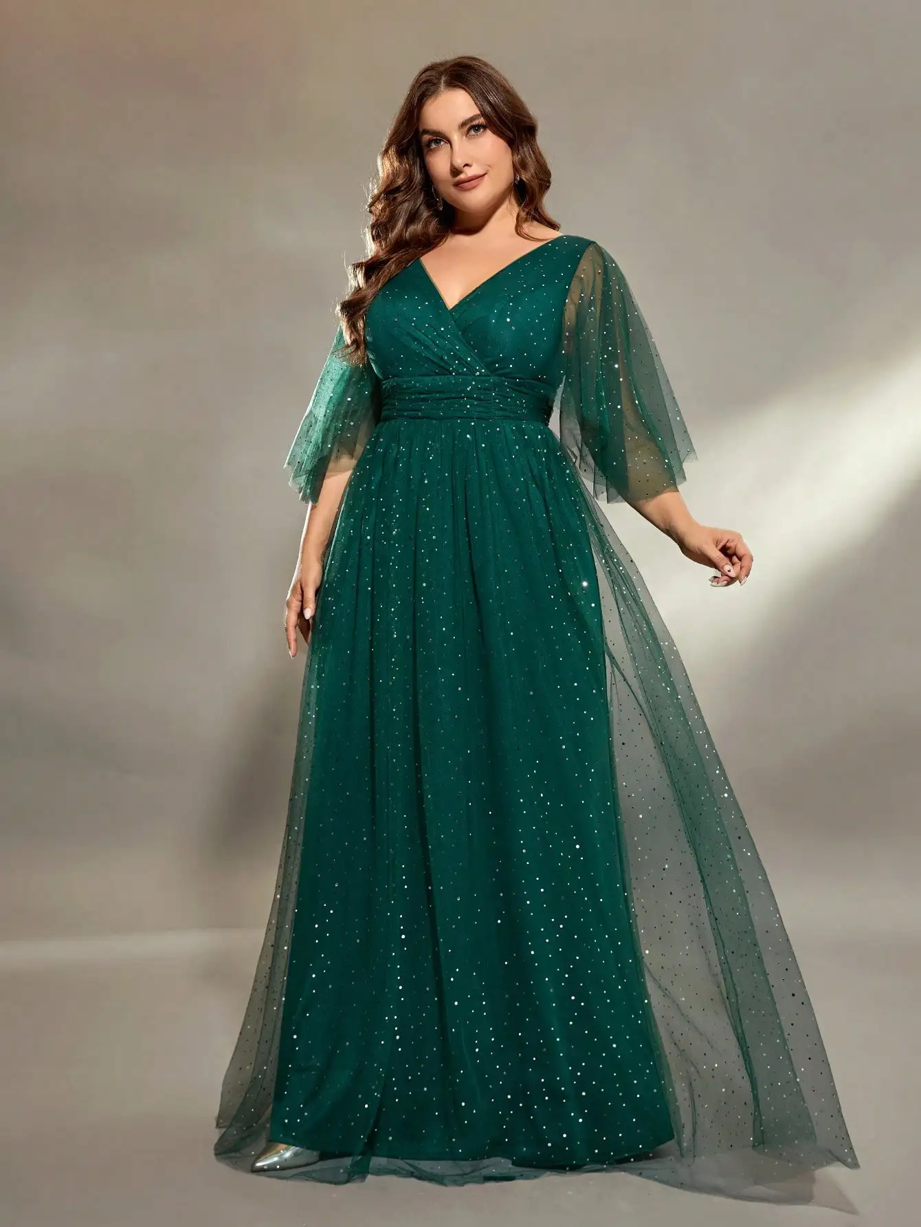 Mgiacy plus size V-neck cross chest pleats irregular long sleeve fillet netting A full skirt Evening gown Ball dress Party dress 250207