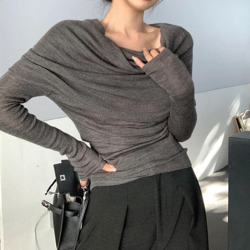 Elegant Fashion Off Shoulder Women Blouse Pile Collar Knitted Shirt Ladies Office Casual Undershirt Gray Tops Mujer Blusas 250107