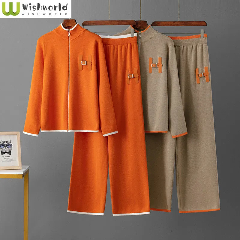 Leisure and Fashion Womens Set Spring Autumn Zipper Round Neck TopKnitted Loose Sports Pants Elegant Two Piece 250206