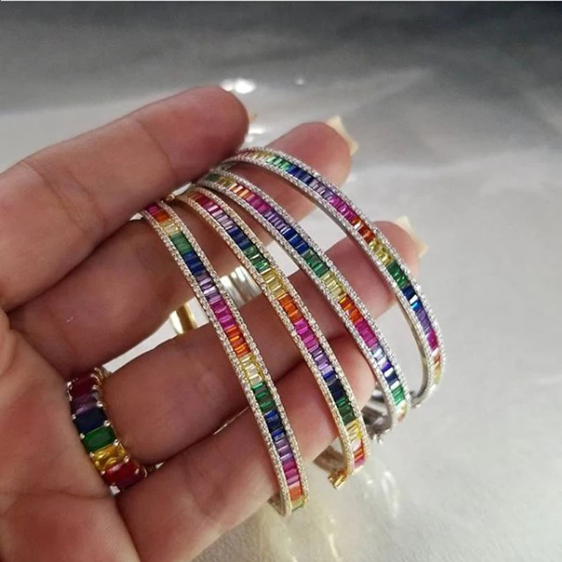Gold color Rainbow Colorful Cz Bangle Bracelet for Women Ice Out Bling Fashion Cubic Zirconia Fashion Gorgeous Jewelry 250207