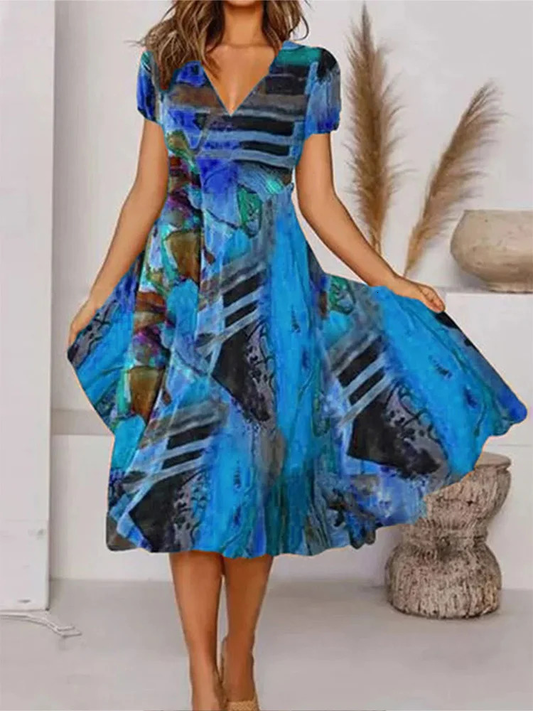 Plus Size 2023 Summer Loose Dress Sexy V Neck Printed High Waist Evening Party Short Sleeve 250206