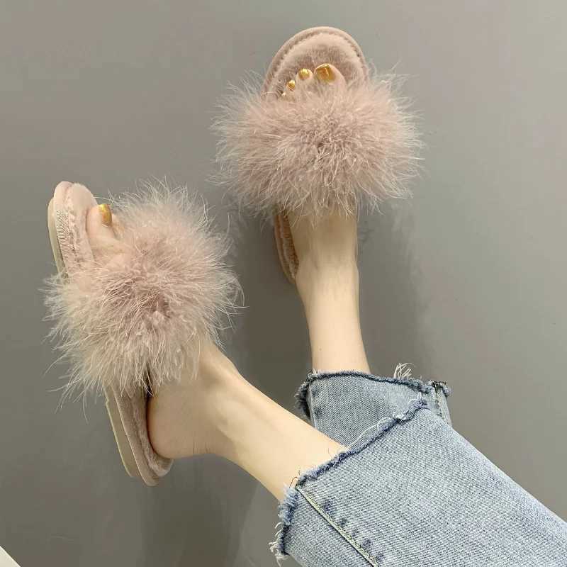 Leisure Plush Slipper for Woman Womens Autumn Winter Ostrich Feather Slippers Footwear Lightweight Flats N-slip Home SlippersXJ250207