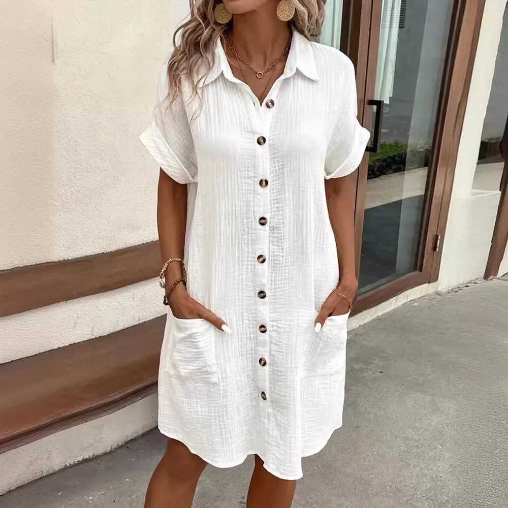 Sexy Button Loose Blouse Dress Summer Fe Turn Down Collar Breasted Button Short Sve Pocket Beachwear Dresses SZE-ST24056XJ2500207