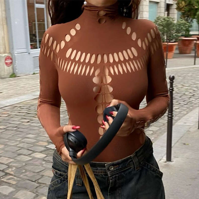 European and American 2025 Spring Hot Girl Hollow out Piercing Spider Web High Collar Slimming jumpuit for Women' Temperament Veratile New Trendy