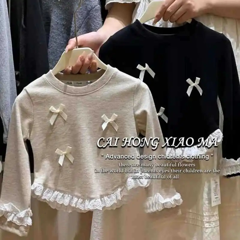 Korean Spring Autumn Kid Girls Long Sleeved T-shirt Lace Bottom Bow Splicing Children Girls Tops Solid Stretch Baby Girl Shirt 250207