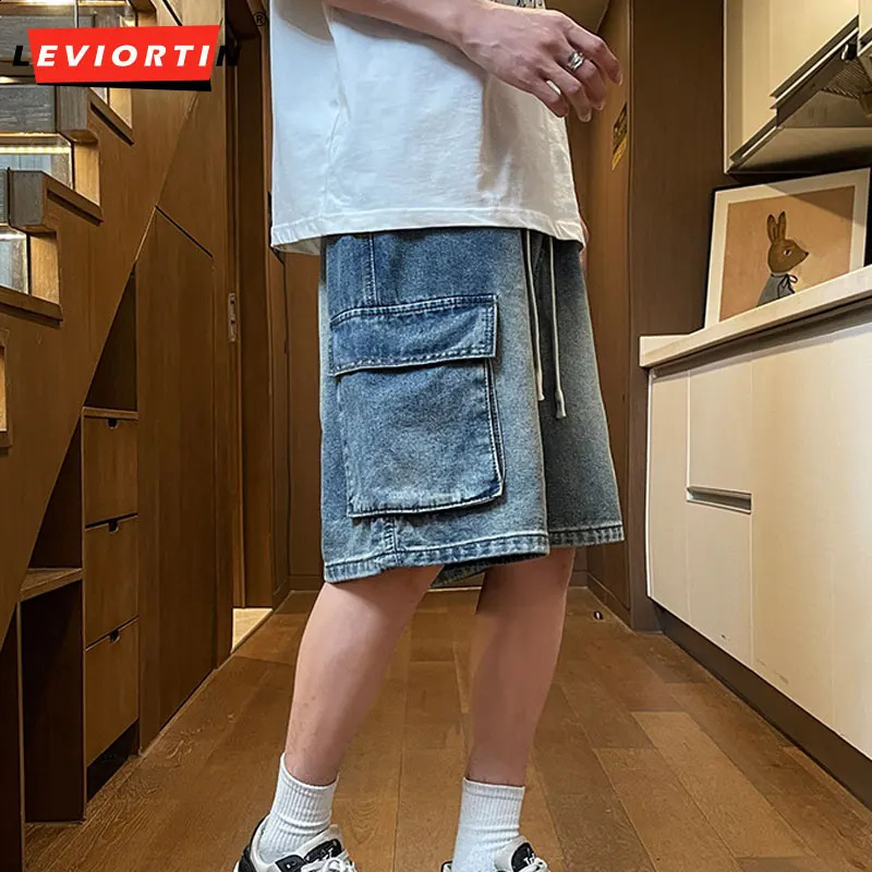 Mens Summer Style Loose Straight Work Denim Shorts Basic Versatile Multi-color Elasticated Washed Mid-length Shorts 250206