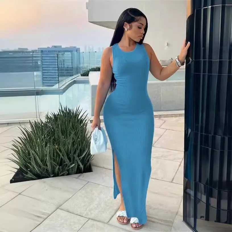 Sexy Sveles Knitted Long Dress For Women Fashion O-neck Pure Color Bodycon Dress Summer Split Package Hips Party Dress BlackXJ2500207