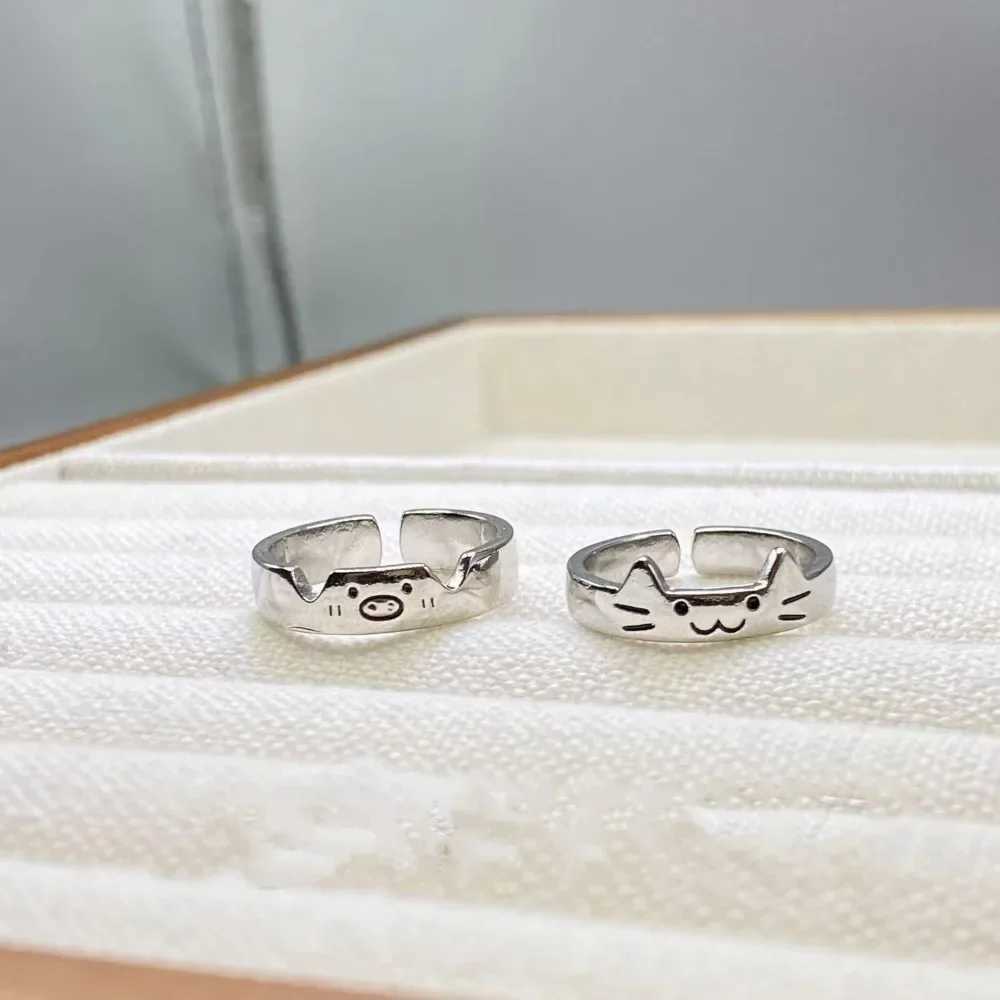 Creative Geometric Animal Couple Ring Dull Polish Cute Dog Cat Opening Ring Jewelry Alloy Valentines Day Gift Women Men W250207