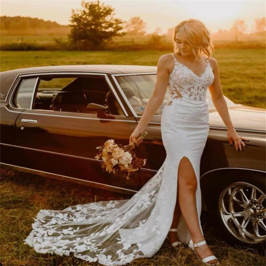 Chic Forest Bohemian Wedding Spaghetti Strap Lace Boho Bride Dress With Slit Bespoke Country Mermaid Bridal Gelik Vestio Novia 2025 Robe De Mariage
