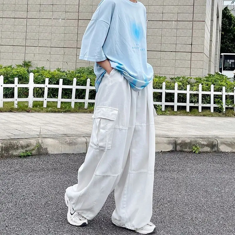 Loose Fashionable Mens Clothing Elastic Pockets Spring Autumn Trousers Cargo Wide Leg Solid Color High Waisted Cropped Pants 250206
