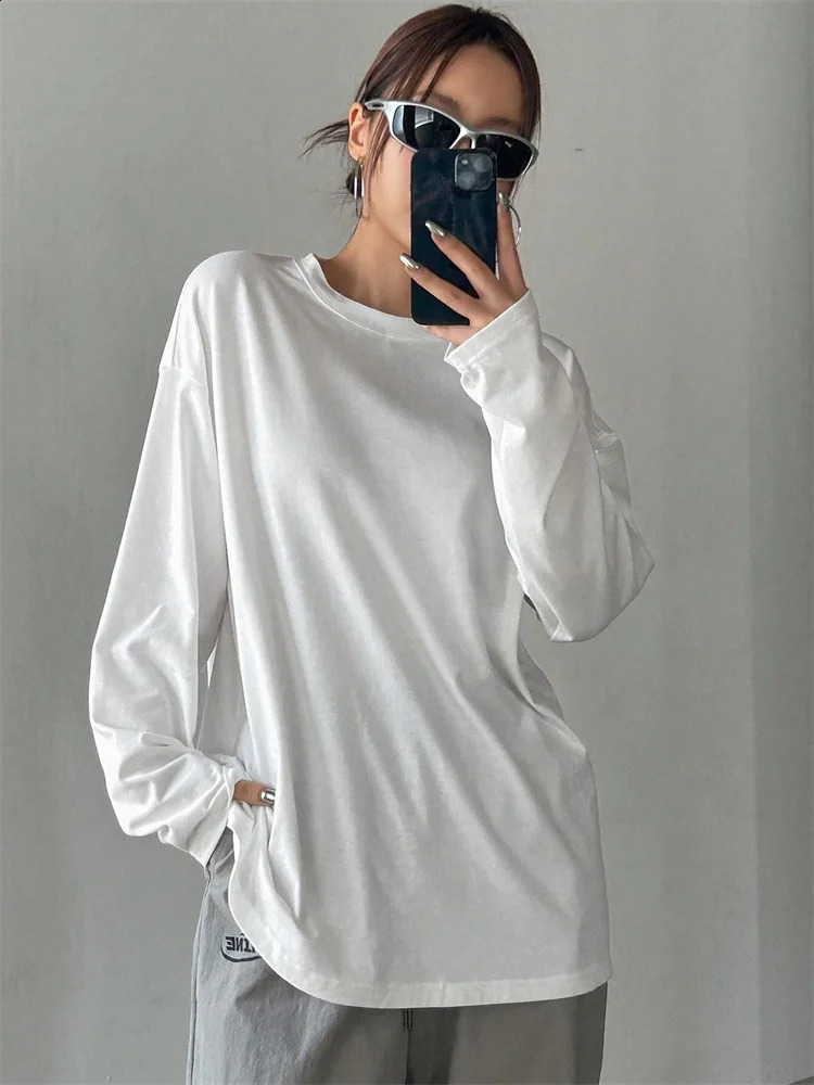 Women Basic Long Sleeve Loose Oneck Tshirt Autumn Winter Solid Color Tee Top Streetwear 250114Z