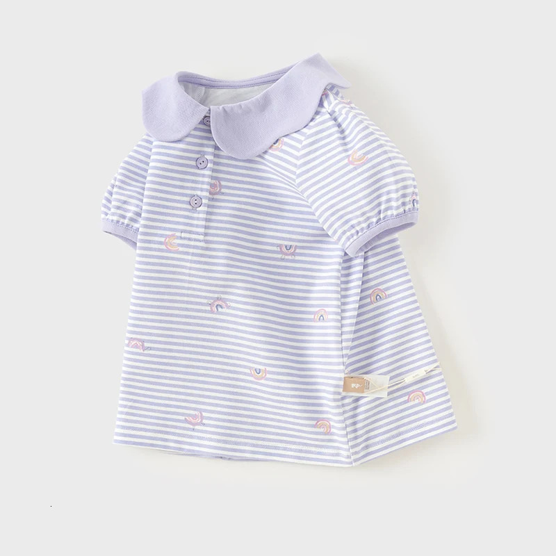 Dave Bella Girls Short Sleeved Polo Shirt with Lapel T-shirt Summer Childrens Clothing Kid Rainbow Print Top DB2241107 250207