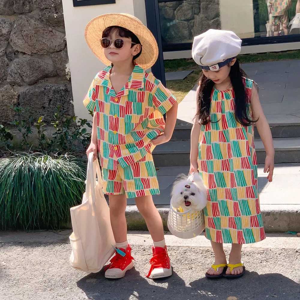 Summer Boy Clothes Set Girl dress Korean Style Contrast Stripe Shorts Set Sleeveless Skirt family matching outfits Sibling look W250207