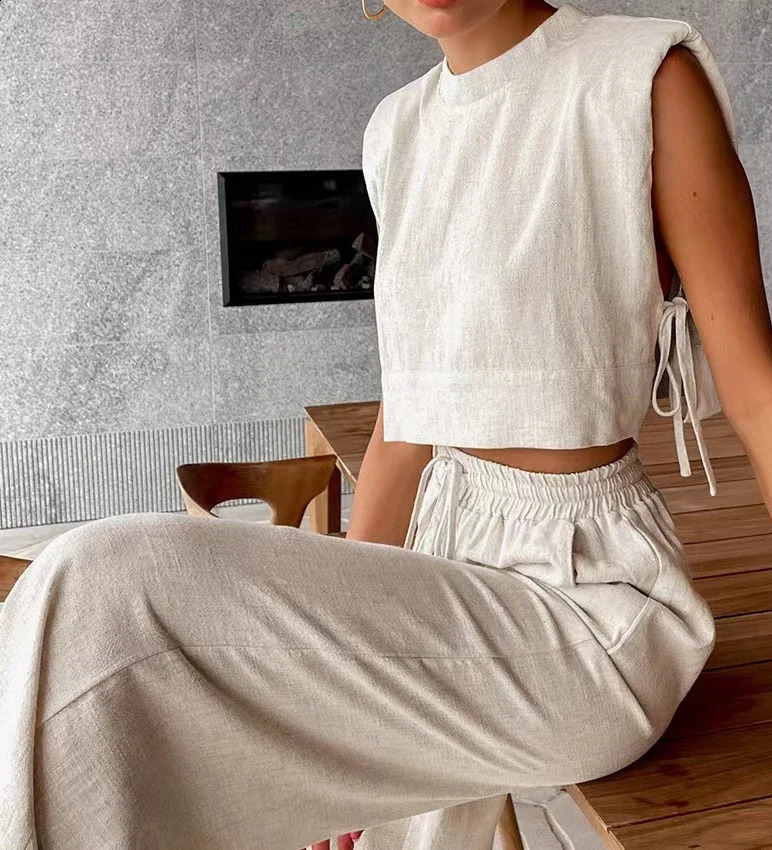 Fashion 2 Piece Sets Women Outfits Shoulder Pad Sleeveless Top Pants Sets Casual Cotton and Linen Womens Suit 2024 Summer 250107