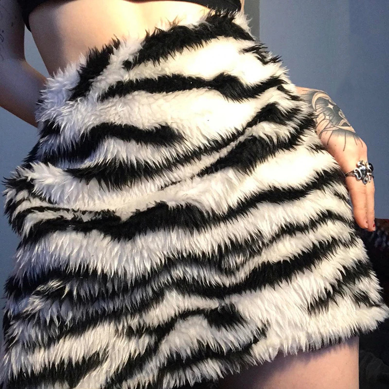 HEYoun Zebra Stripes Faux Fur Short Skirt Winter Stylish Women Y2K Bodycon Skirts Party Clubwear Vintage 2000s Costume Sexy 250206