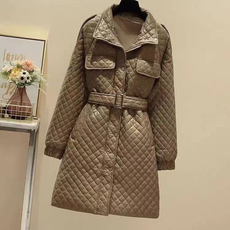 Women's Clothing Fashion Waist Mid Length Lace Up Light Slim Stand Collar Dia Cotton Coat