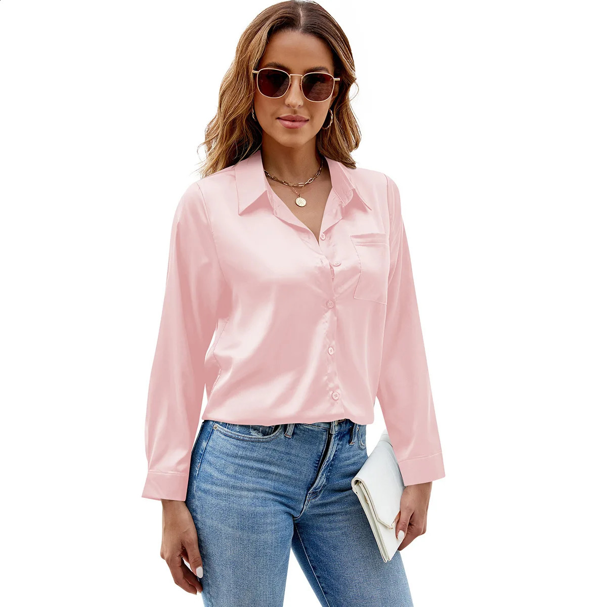 Spring Autumn Women Satin Button Up Shirt Long Sleeve Tops Office Slim Fit Top Pocket Blouses Womens With Sleeves 250120wtt