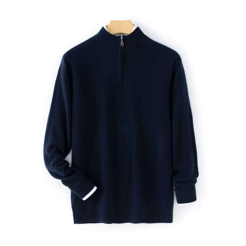 Men's Winter Medium Thick High Collar Half Zipper Classic Loose Sweater 100% Cashmere Knitted Top