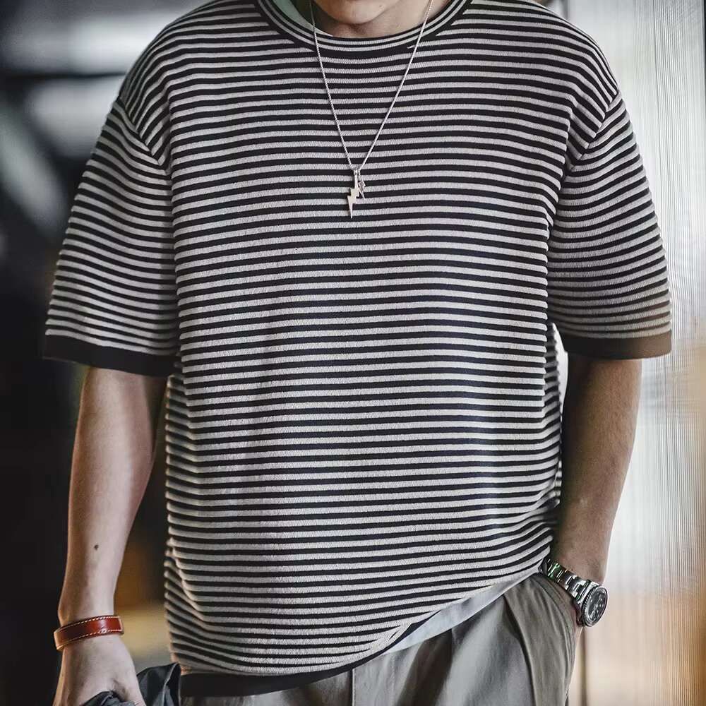 Maden Blue And White Striped Contrasting Color Short Sleeve For Men Summer O-Neck T-Shirt Men's Casual Knit Shirt Plus Size Tees