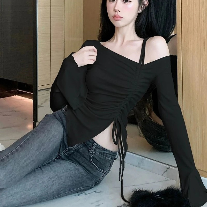 Spring Autumn Cotton Flare Sleeve T Shirts Women Solid Bodycone Basic Long Sleeve Crop Tops Casual Shirring Off-shoulder Tees 250207