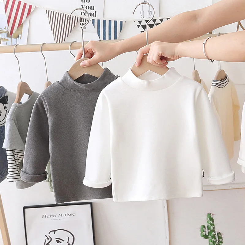 1pcs Spring Autumn Childrens T-Shirts Baby Solid Color Warm Top Kid Half High Collar Long Sleeve Base Shirt Boys Girls Tshirts 250207