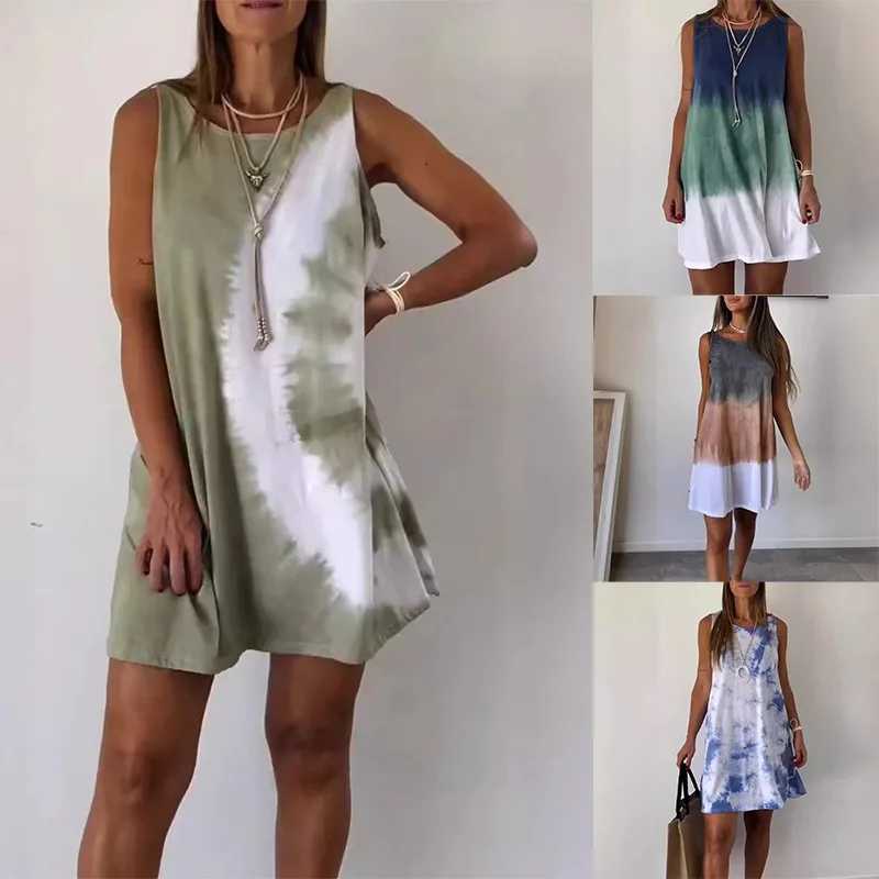 2024 Summer Round Neck Dress for Women Tie Dye Sveless Dresses Fashion Loose Simple Vacation Ladies Casual Wear Robe FemmeXJ2500207