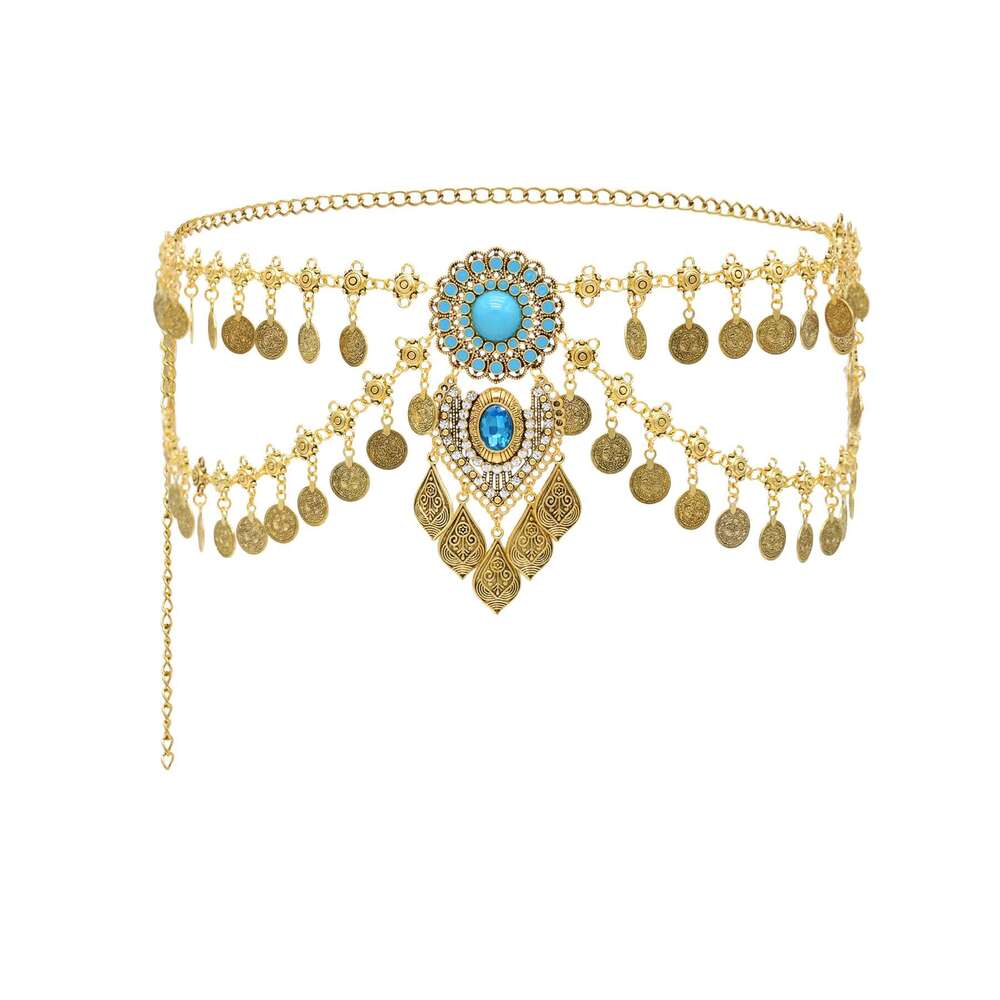 New Bohemian Coin Tassels Faux Turquoise Waist Chain for Women Retro Ethnic Style Alloy Dance Waistband Jewelry